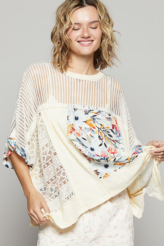 POL Hollow Out Floral Half Sleeve Knit Top - Classique Collection