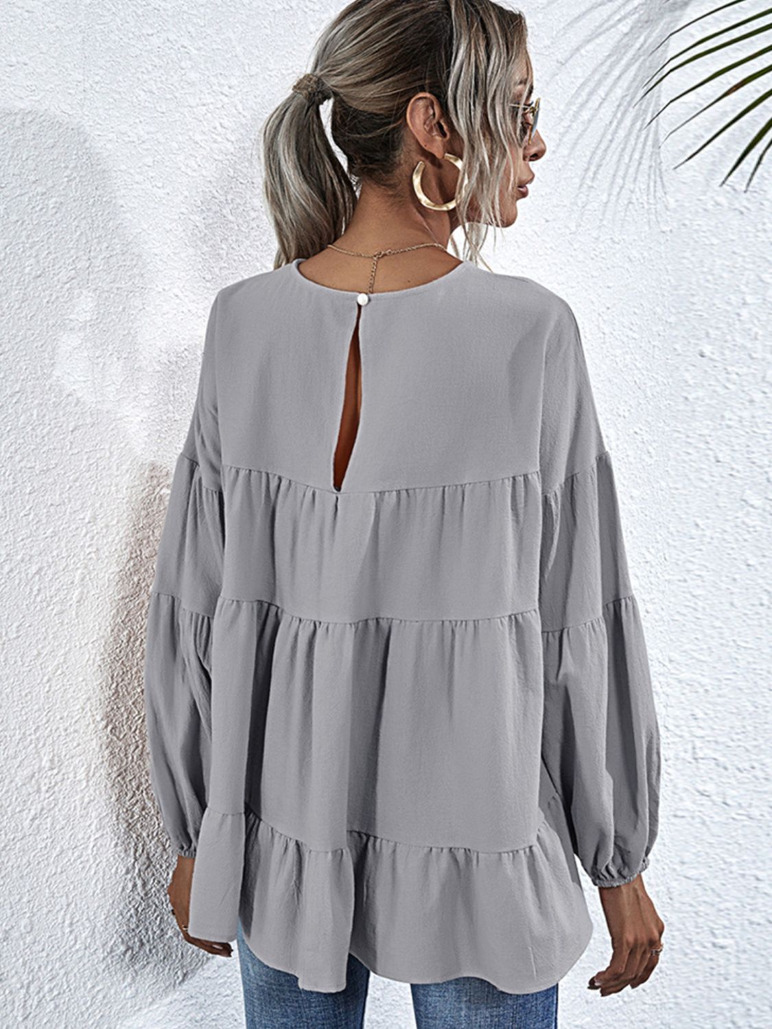 Shiny Round Neck Dropped Shoulder Tiered Blouse - ClassiQ