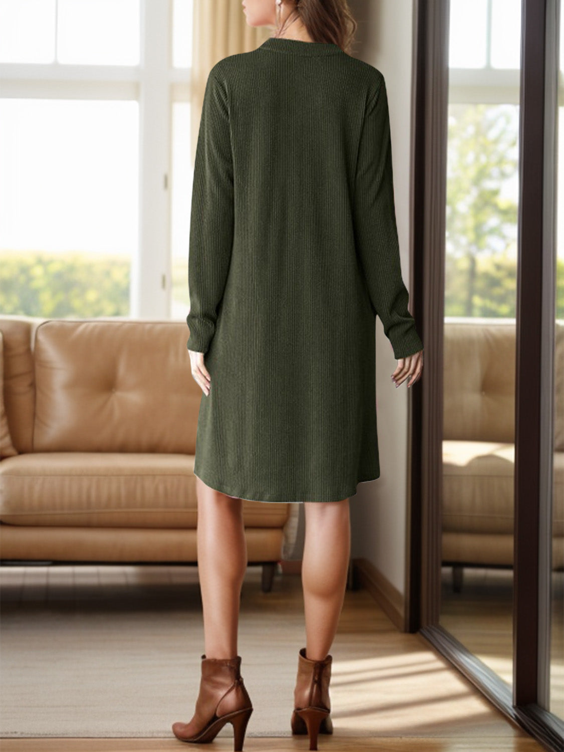 Notched Long Sleeve Mini Dress with Pockets - Classique Collection