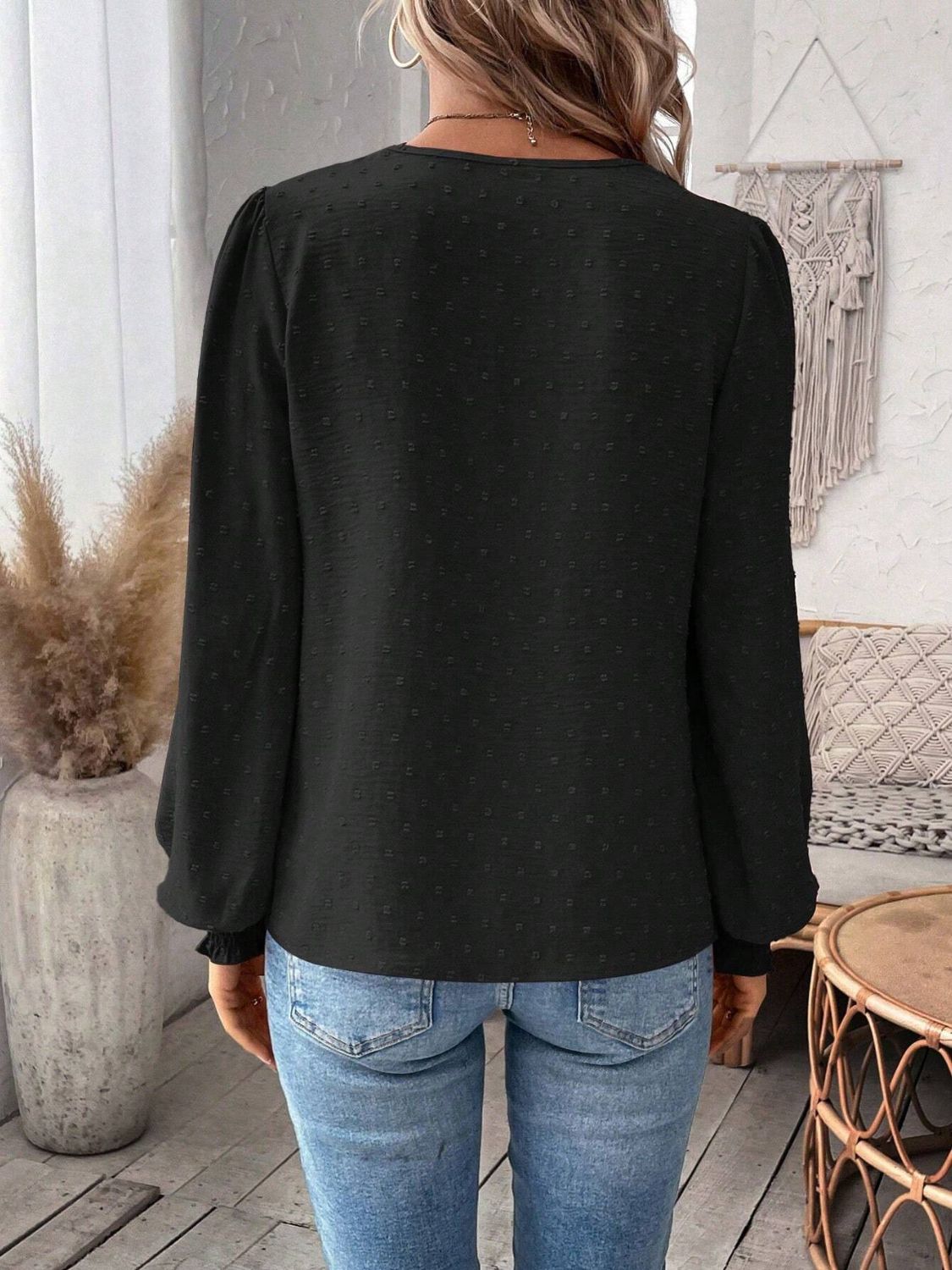 Swiss Dot Lace Detail Notched Long Sleeve Blouse - Classique Collection