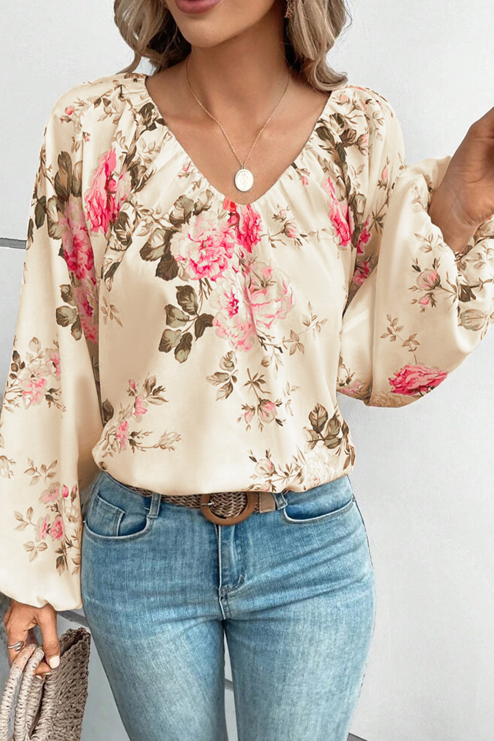 Floral V-Neck Balloon Sleeve Blouse - Classique Collection