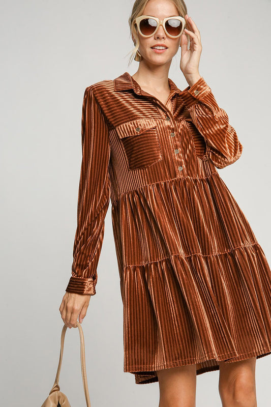 Umgee Texture Tiered Collared Long Sleeve Dress - Classique Collection