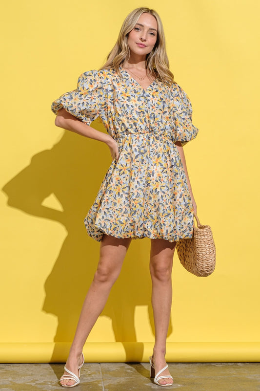 And The Why Full Size Floral Surplice Puff Sleeve Dress - Classique Collection