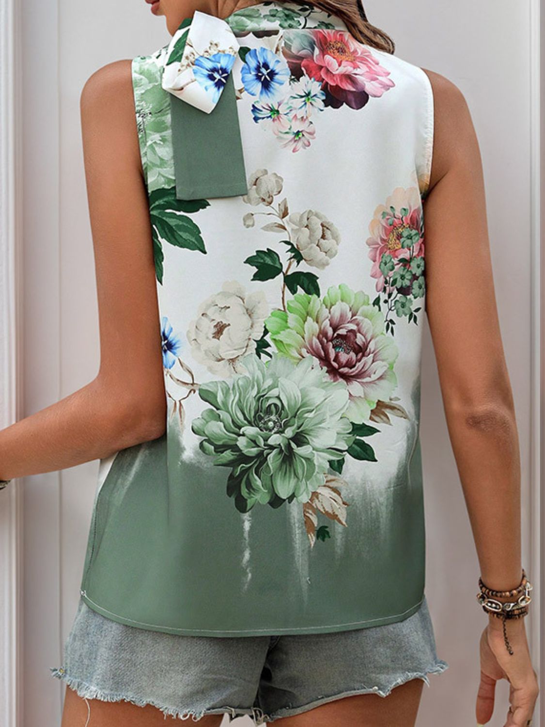 Tied Flower Printed Mock Neck Top - Classique Collection