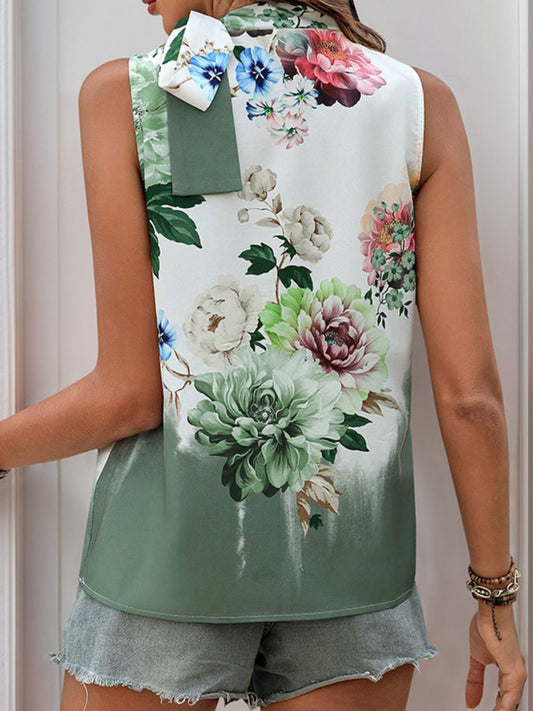 Tied Flower Printed Mock Neck Top - Classique Collection