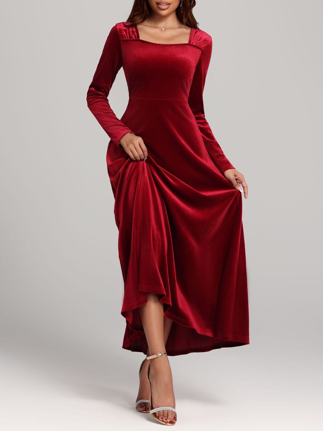 Square Neck Long Sleeve Velvet Dress - Classique Collection