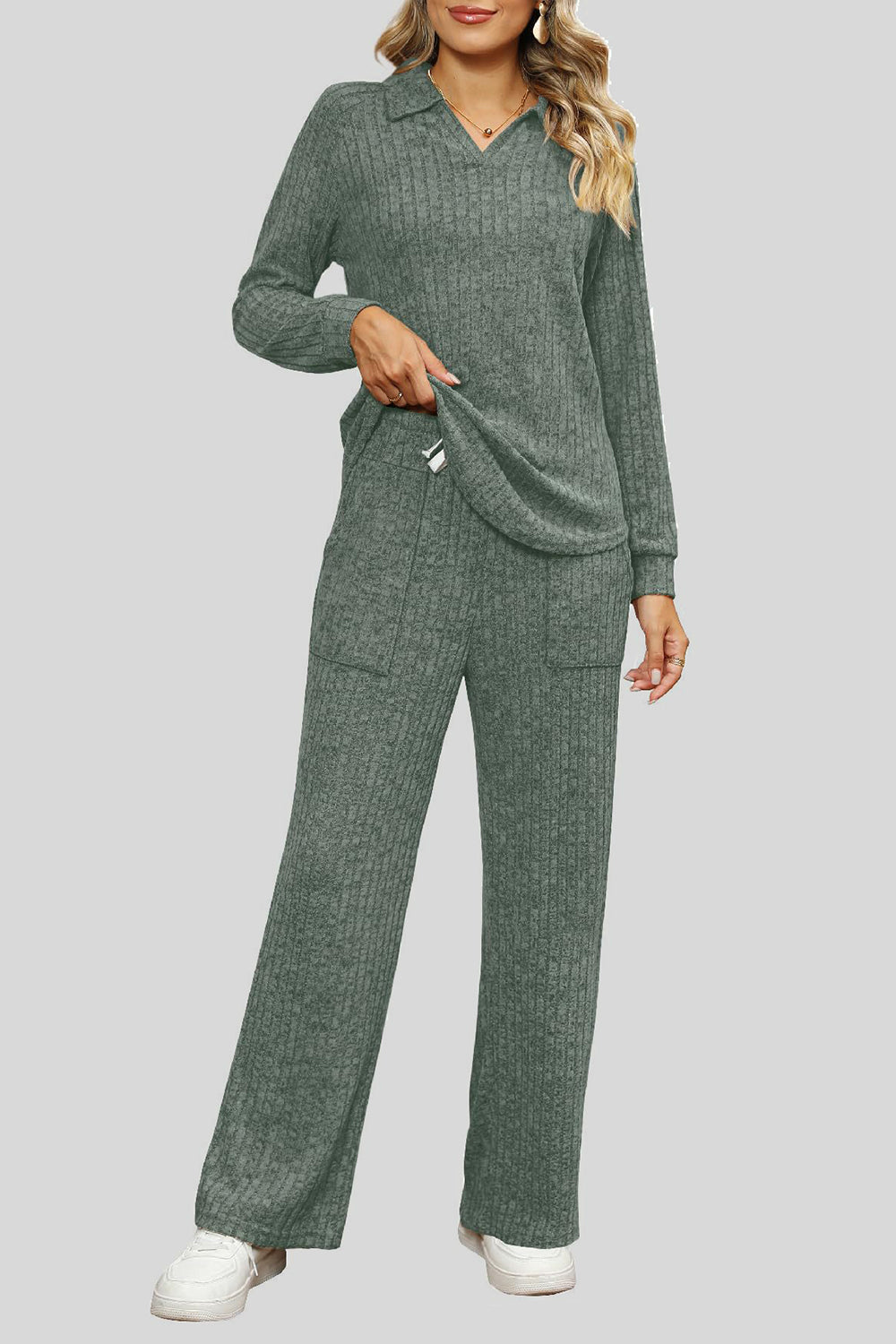 Ribbed Long Sleeve Top and Pocketed Pants Set - ClassiQ