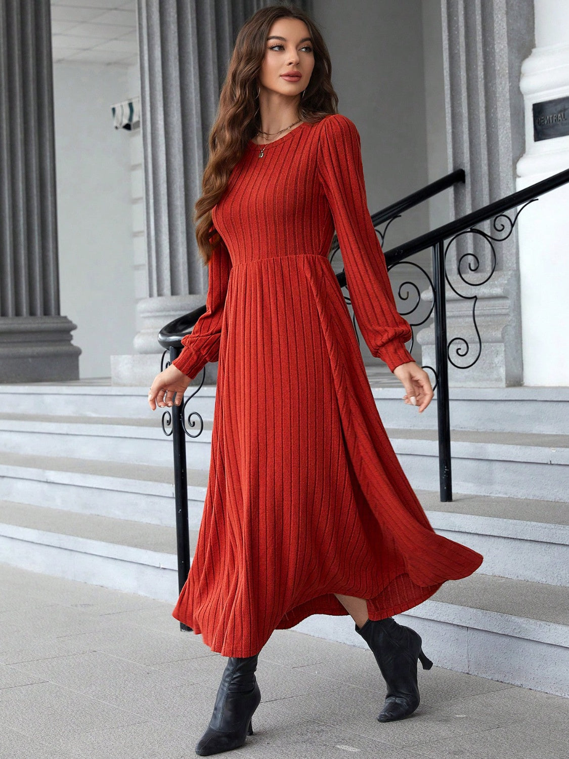 Ribbed Round Neck Long Sleeve Dress - Classique Collection