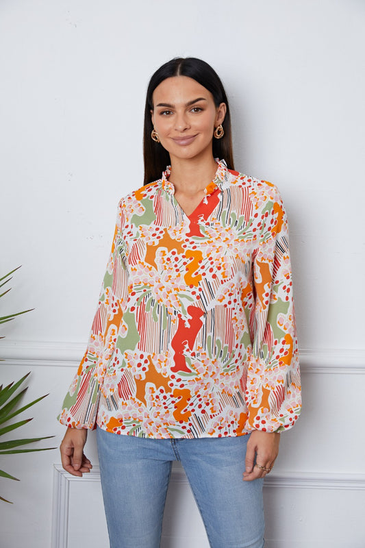 Floral Frill Notched Long Sleeve Blouse - Classique Collection