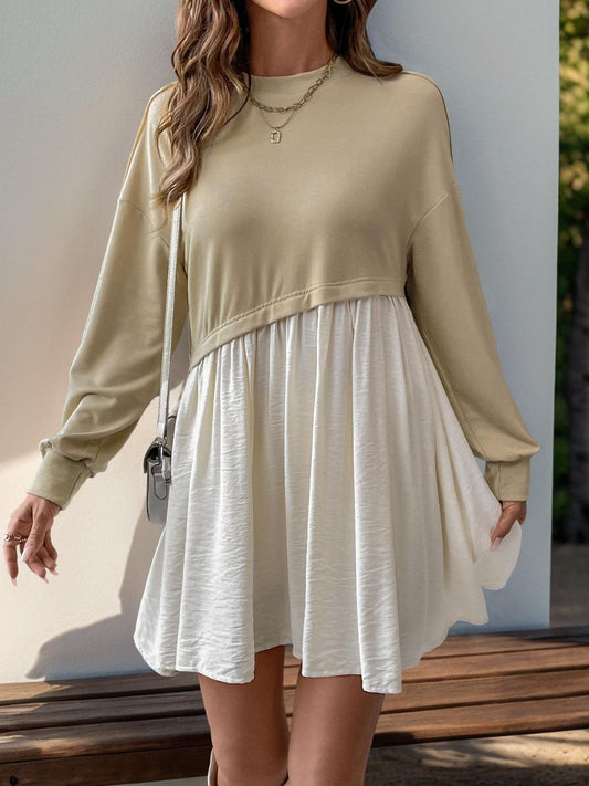 Perfee Contrast Round Neck Long Sleeve Mini Dress - Classique Collection
