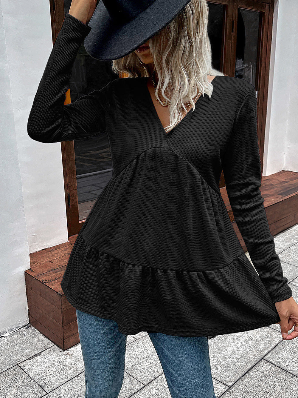 Ivy Lane Waffle-Knit V-Neck Long Sleeve Blouse - Classique Collection
