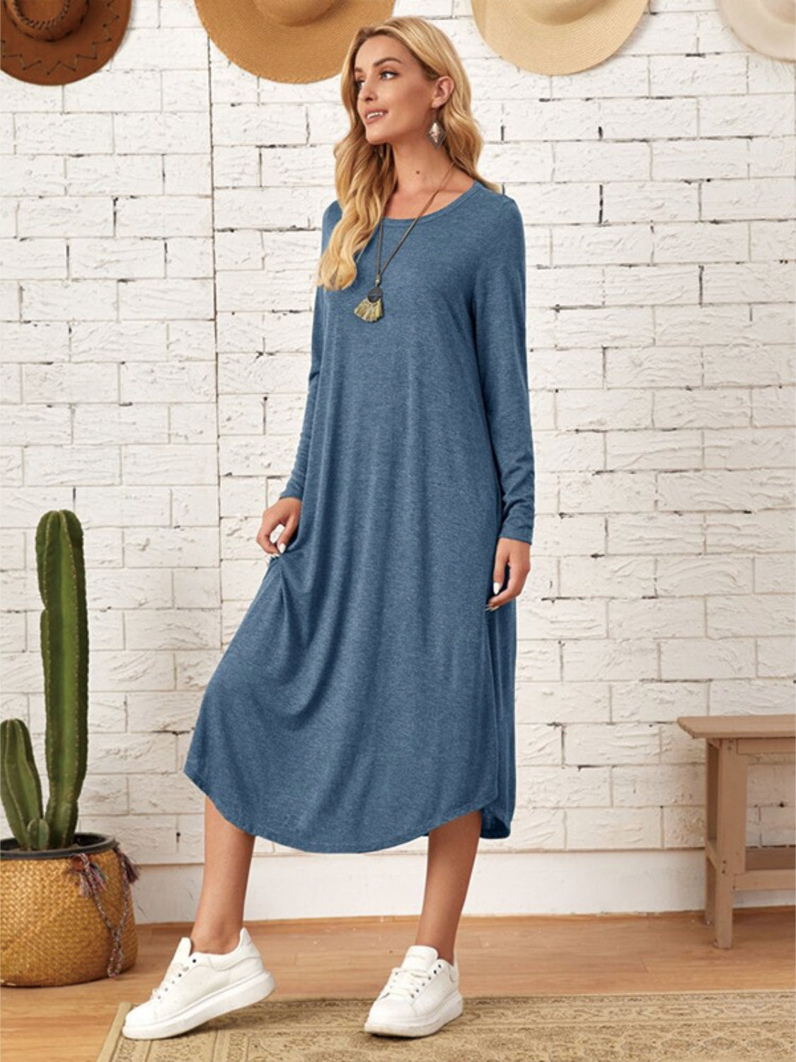 Pocketed Round Neck Long Sleeve Tee Dress - Classique Collection