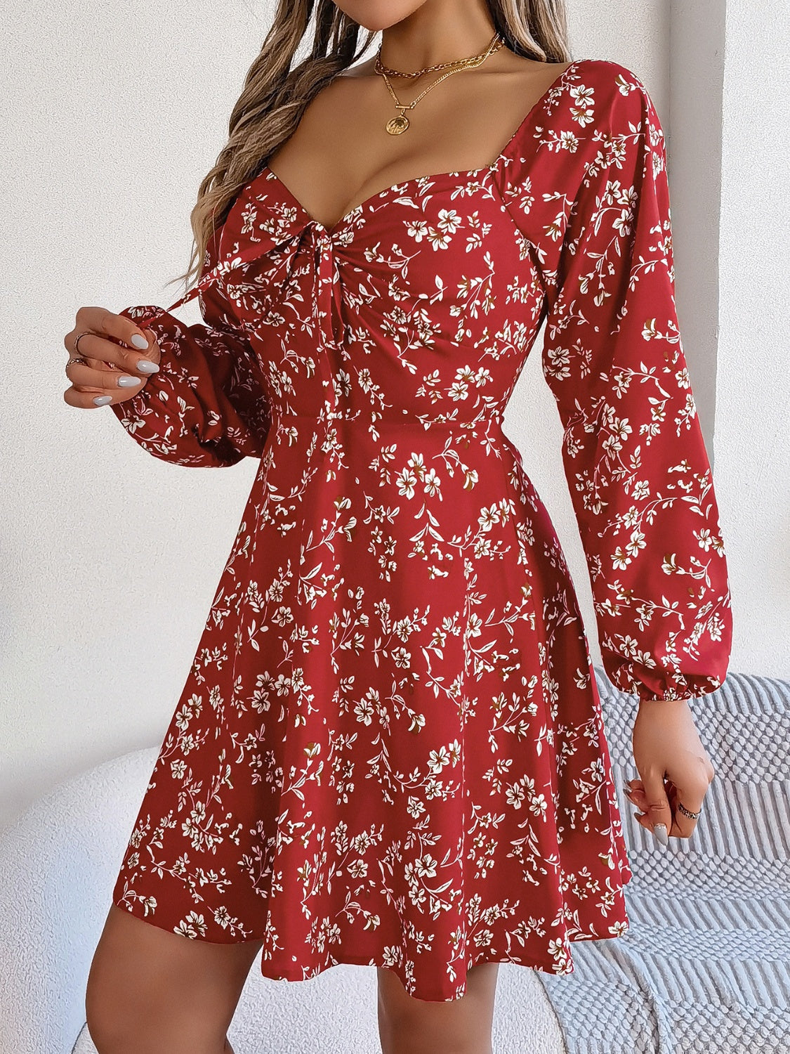 Printed Sweetheart Neck Balloon Sleeve Mini Dress - Classique Collection