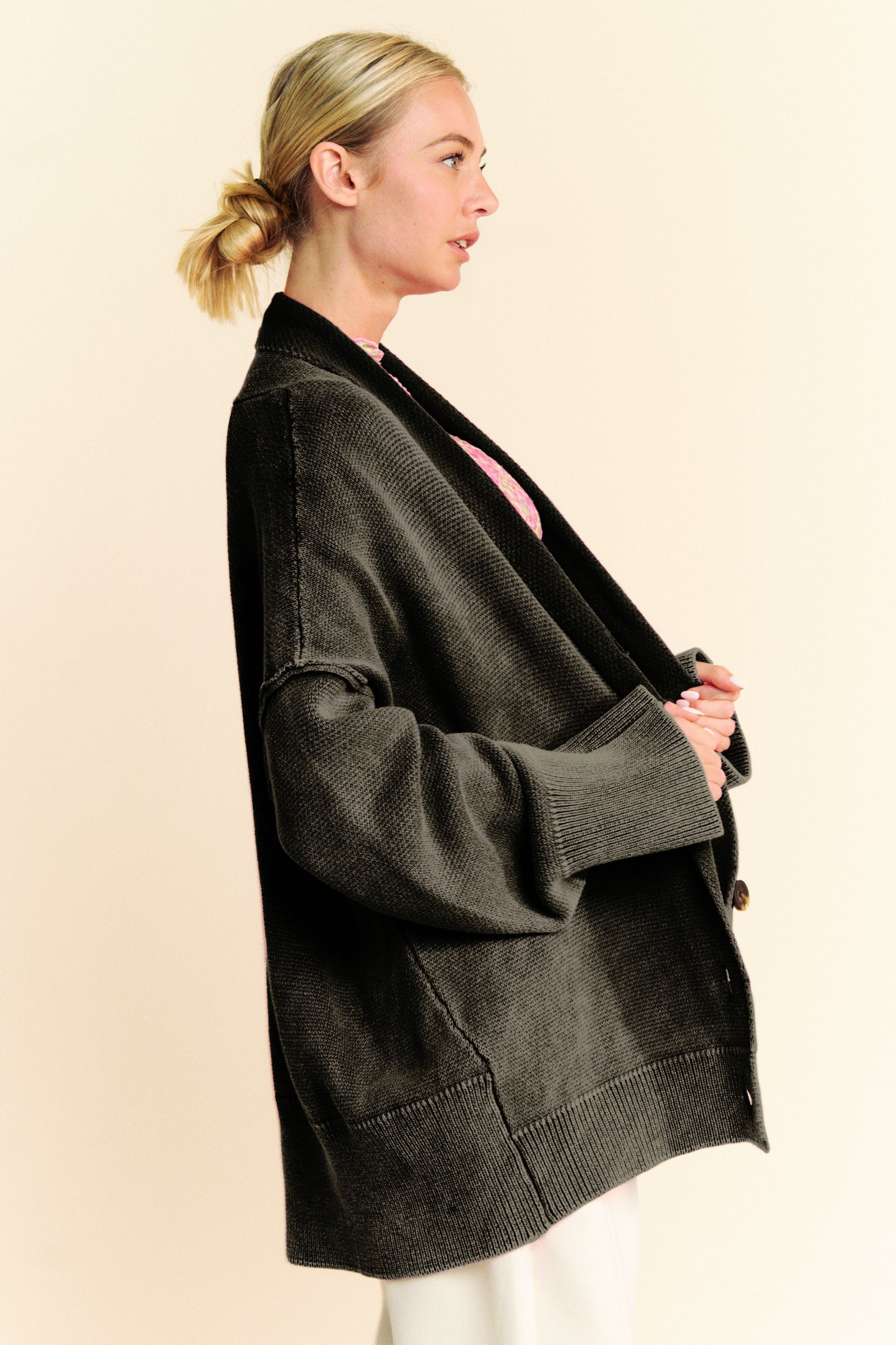 Davi & Dani Shawl Collar Ribbed Detail Button Up Cardigan - Classique Collection