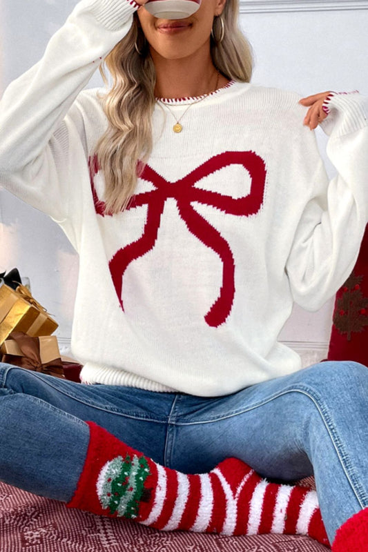 Bow Round Neck Drop Shoulder Sweater - Classique Collection