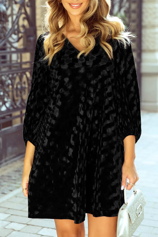 V-Neck Three-Quarter Sleeve Velvet Mini Dress - Classique Collection