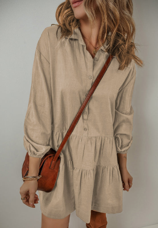 Tiered Collared Neck Balloon Sleeve Shirt Dress - Classique Collection