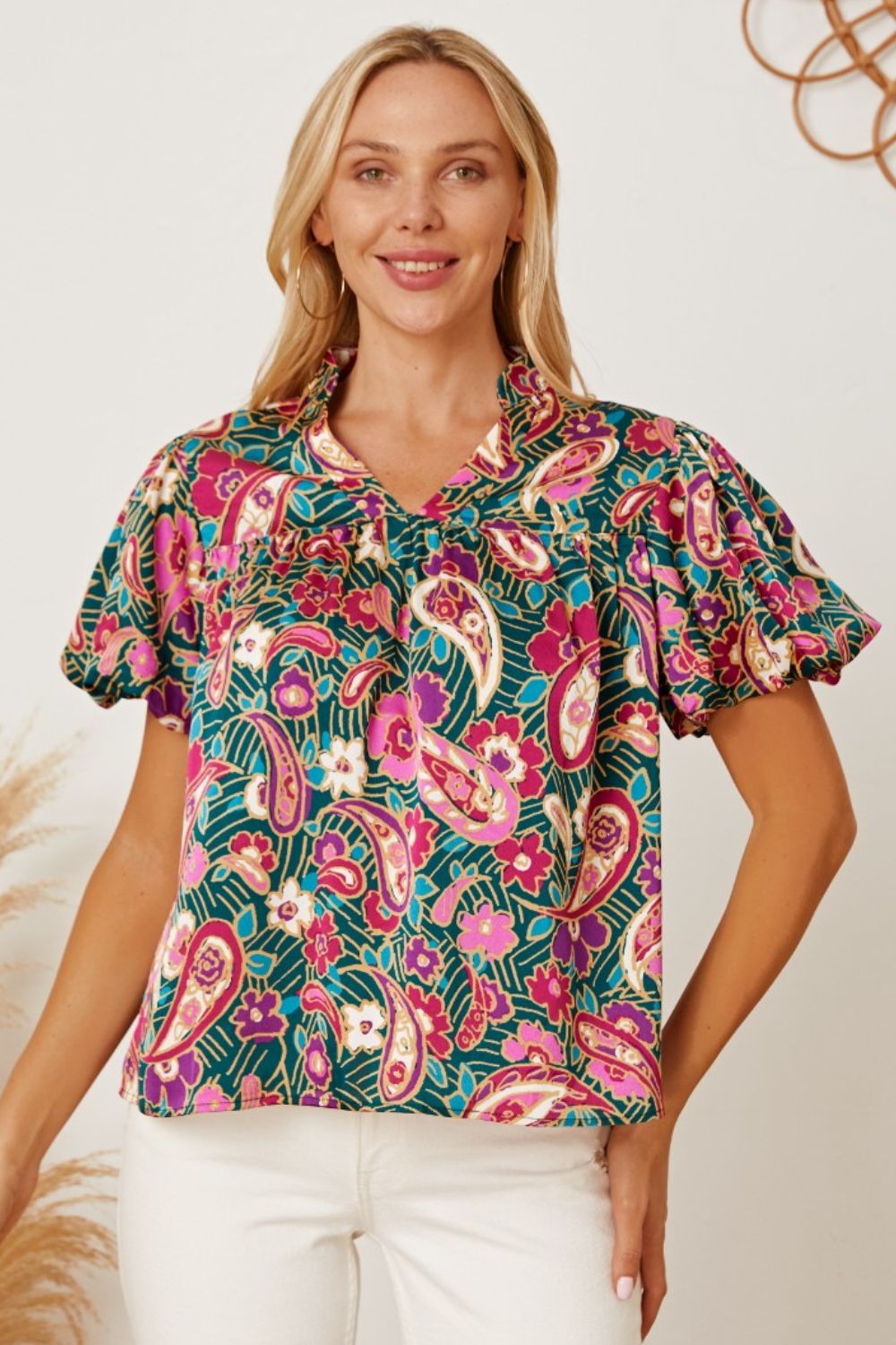 Floral Collared Neck Short Sleeve Blouse - Classique Collection