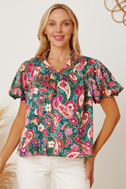 Floral Collared Neck Short Sleeve Blouse - Classique Collection