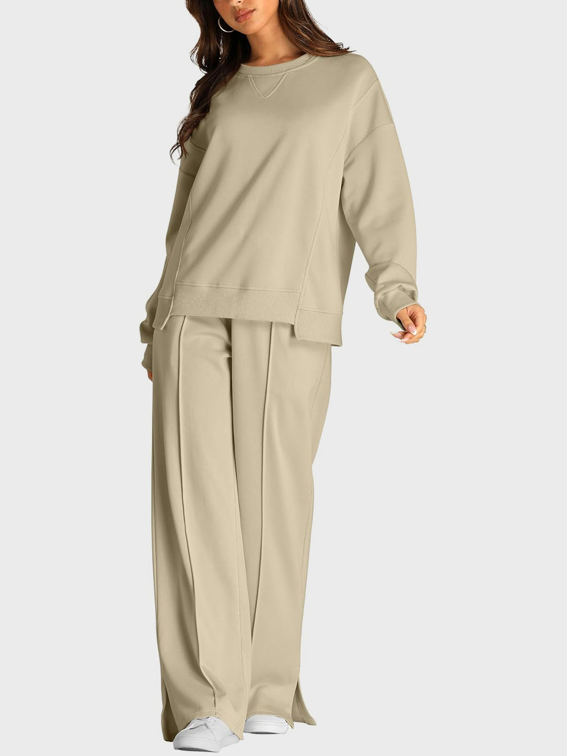 Round Neck Long Sleeve Top and Slit Pants Set - ClassiQ