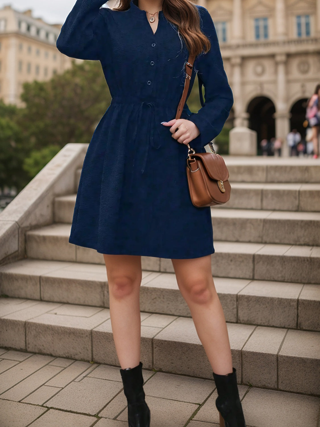 Drawstring Waist Notched Long Sleeve Dress - Classique Collection