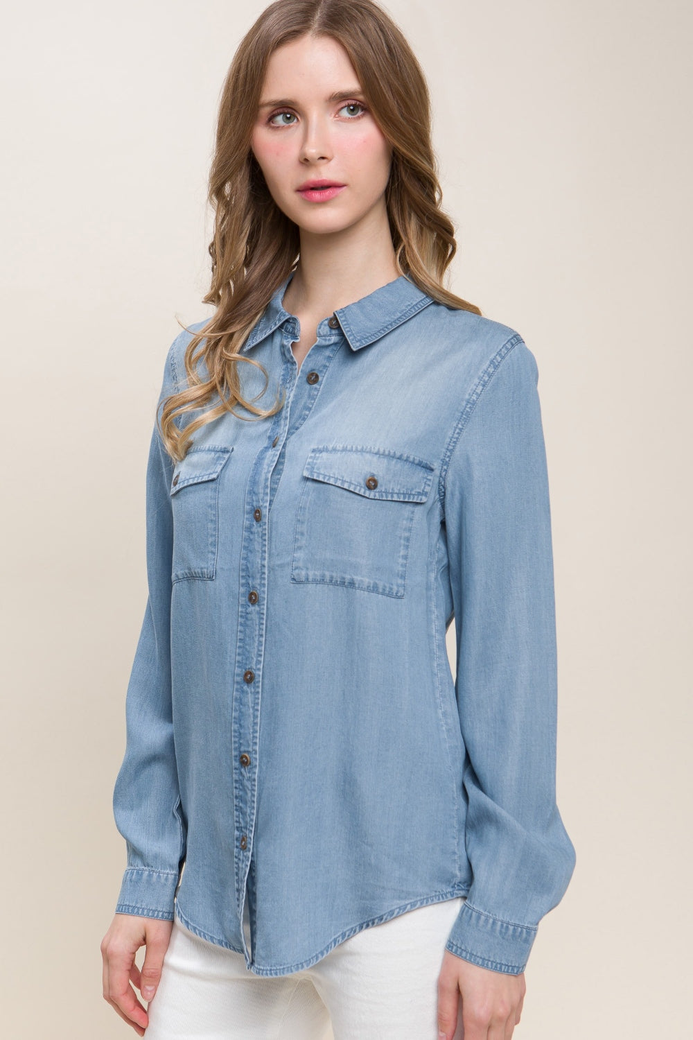 Love Tree Scooped Hem Button Up Denim Shirt - Classique Collection