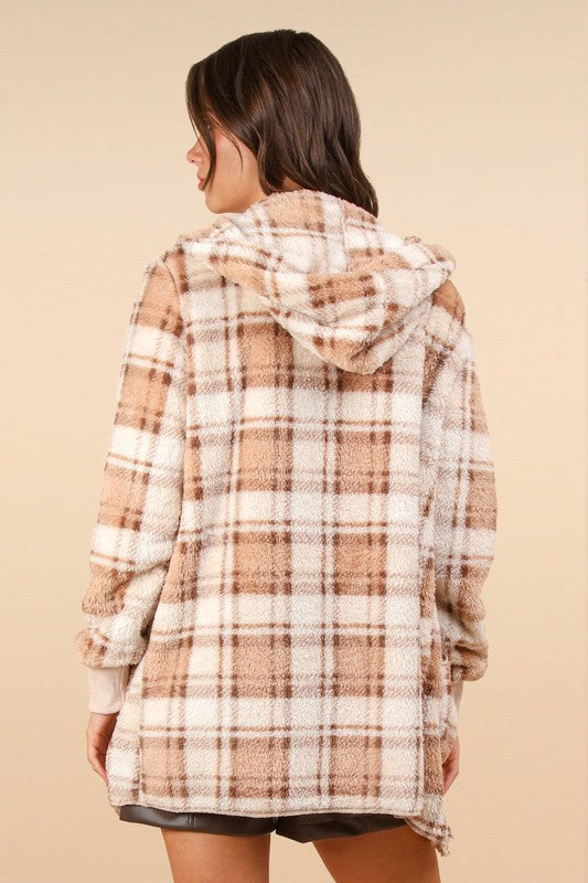 VERY J Fuzzy Plaid Long Sleeve Hooded Jacket - Classique Collection