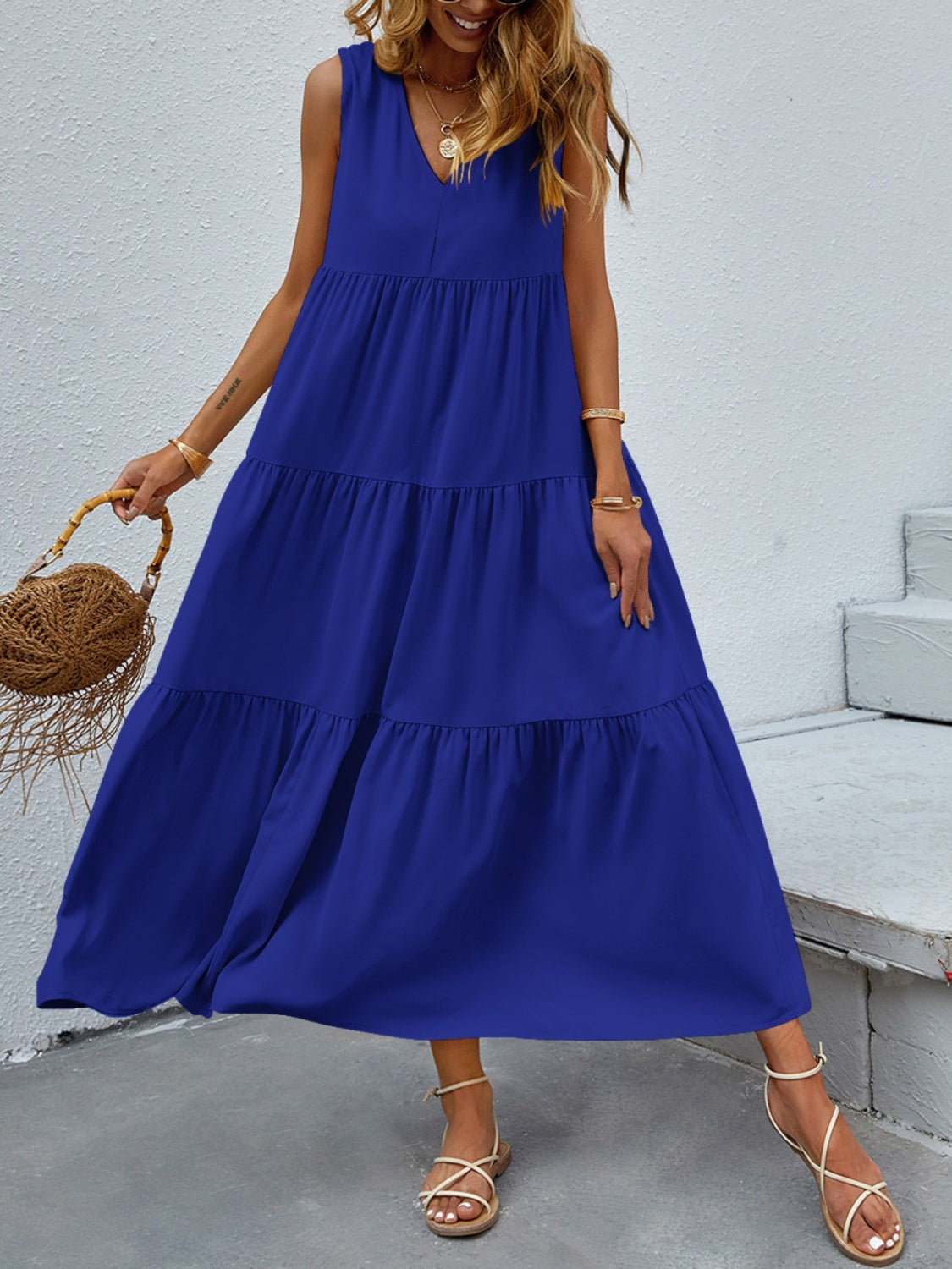 FAM-FAM Tiered V-Neck Sleeveless Dress - Classique Collection