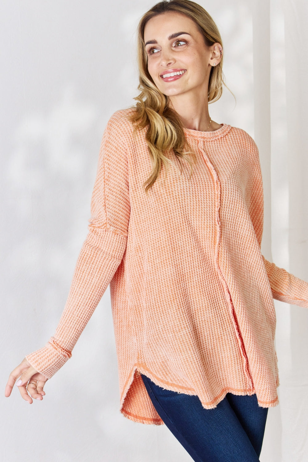 Zenana Oversized Washed Waffle Long Sleeve Top - Classique Collection