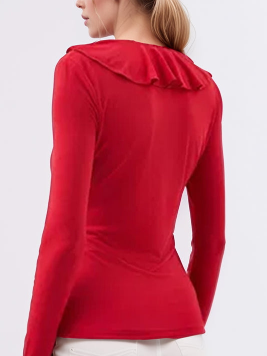 Ruffled V-Neck Long Sleeve T-Shirt - Classique Collection