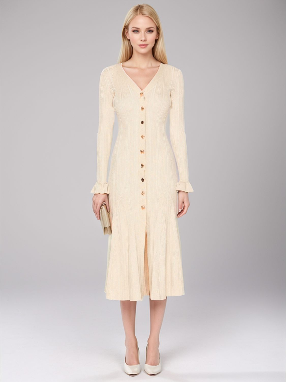 V-Neck Flounce Sleeve Sweater Dress - Classique Collection
