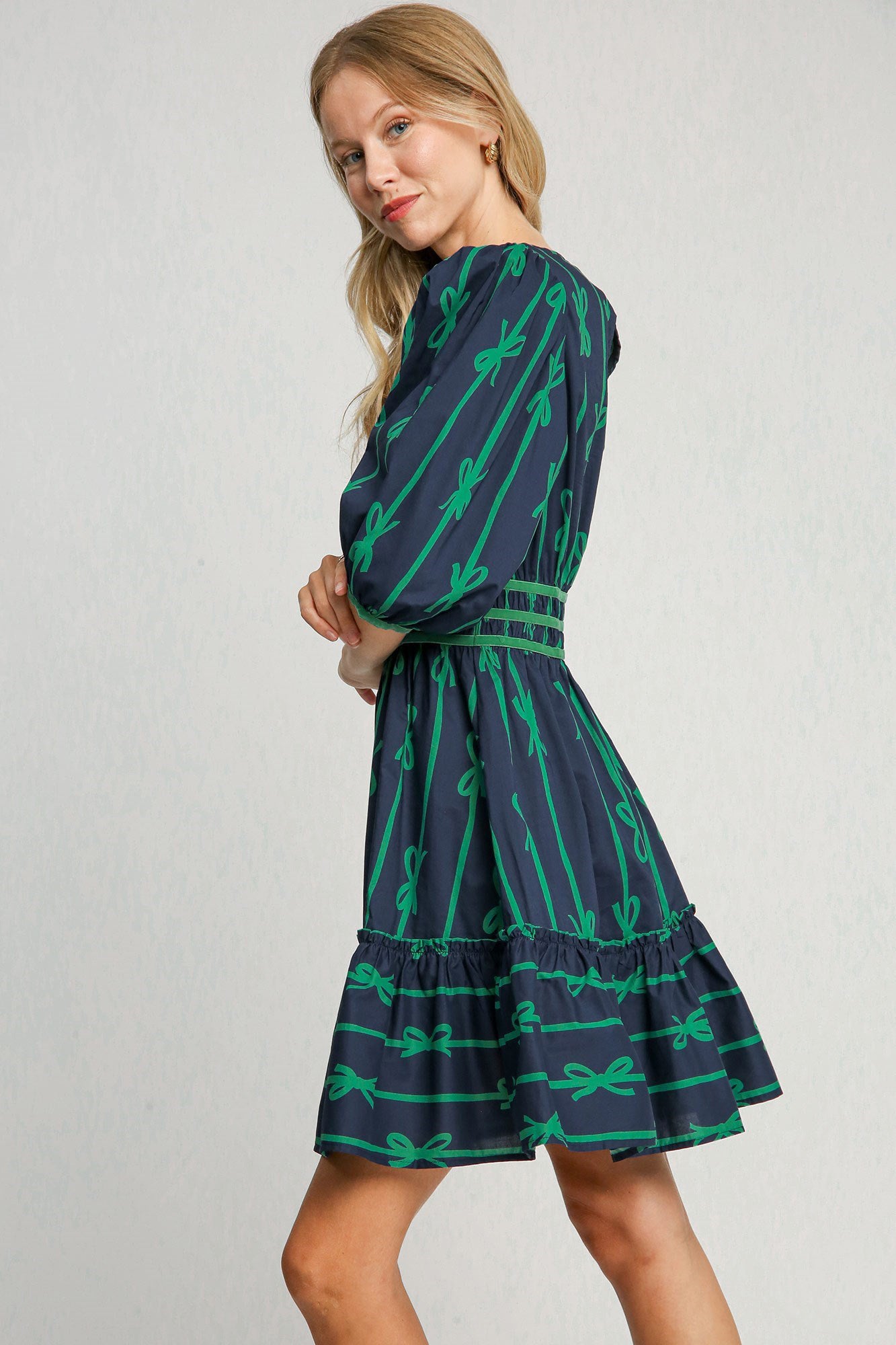 Umgee Ribbon Print Frill Contrast Velvet Trim Half Sleeve Dress - Classique Collection