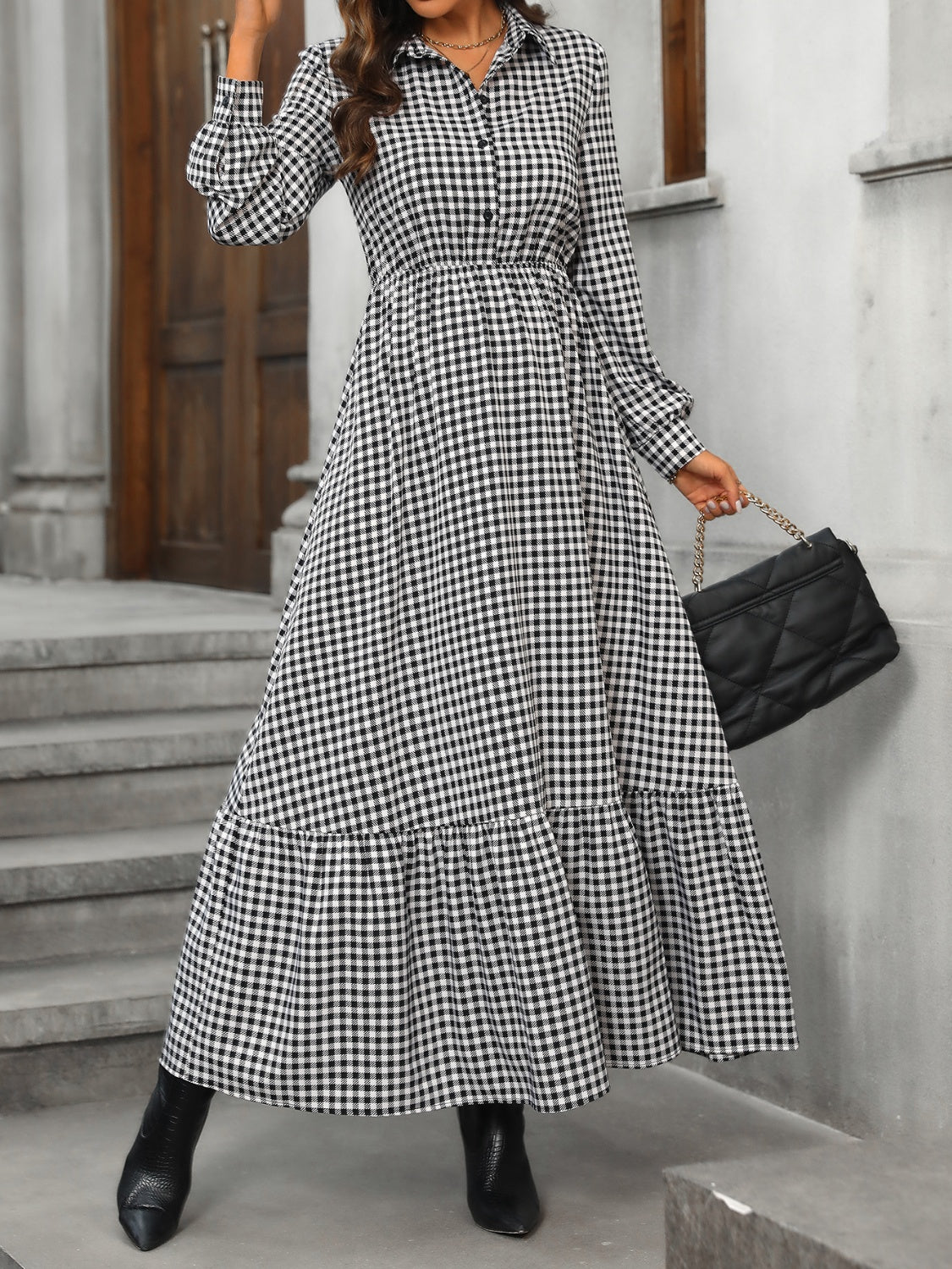 Honey Ruffle Hem Plaid Long Sleeve Dress - Classique Collection