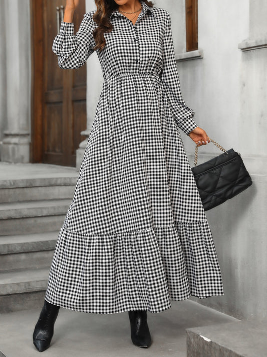 Honey Ruffle Hem Plaid Long Sleeve Dress - Classique Collection