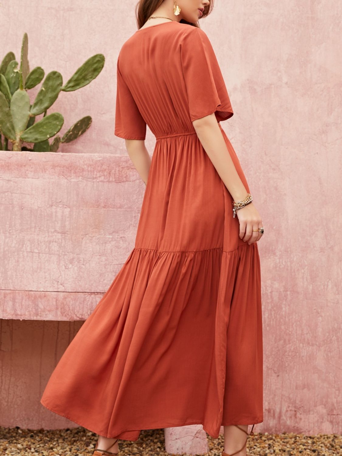 Lace Detail V-Neck Half Sleeve Midi Dress - Classique Collection