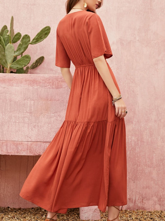 Lace Detail V-Neck Half Sleeve Midi Dress - Classique Collection