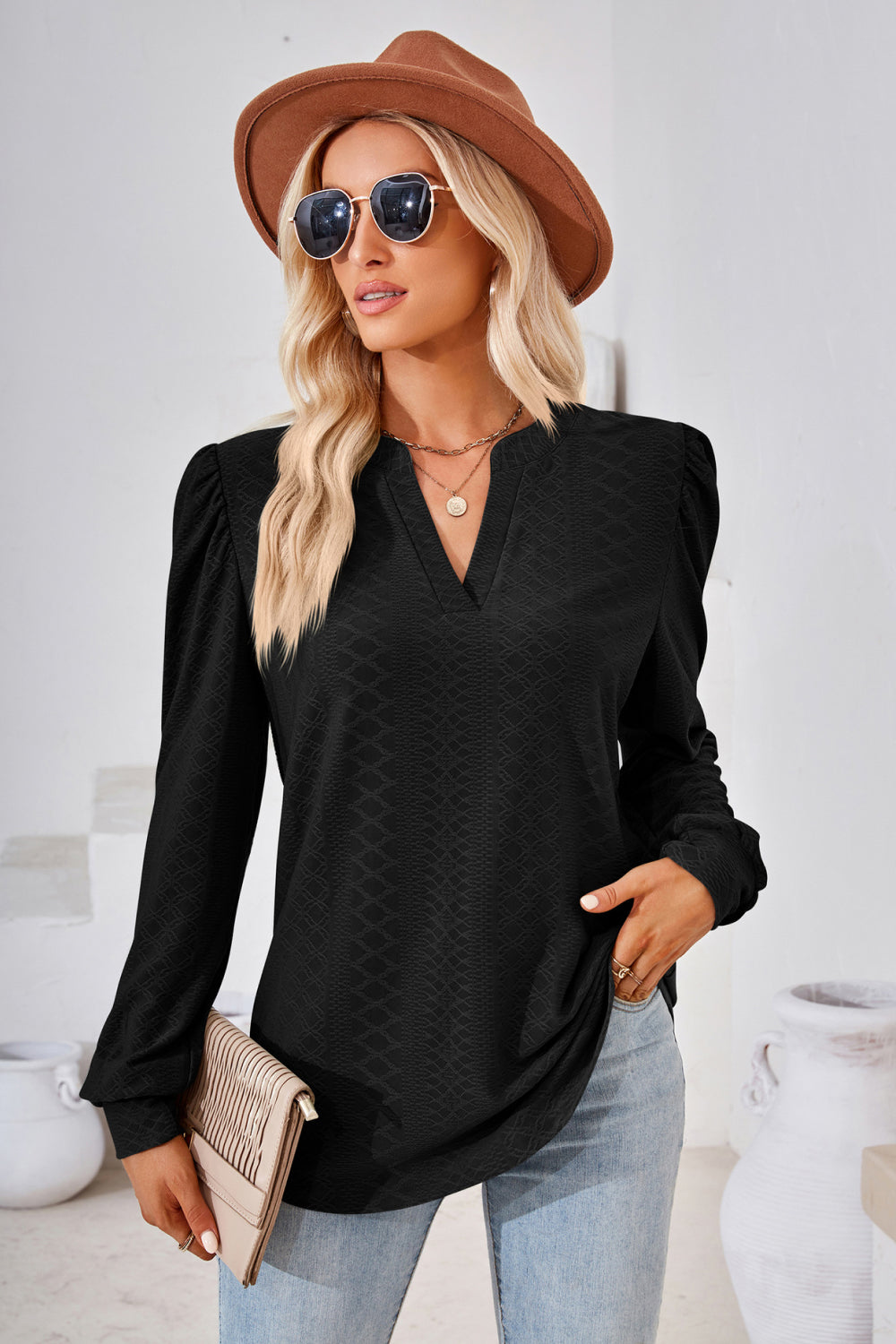 V-Neck Puff Sleeve Blouse - Classique Collection