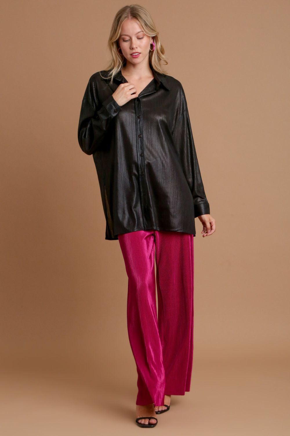 Umgee Side Slit Button Up Long Sleeve Shirt - Classique Collection