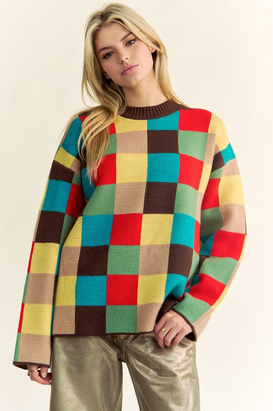 Davi & Dani Color Block Checkered Dropped Shoulder Sweater - Classique Collection
