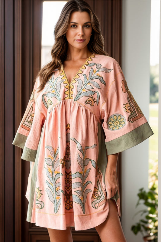 Printed V-Neck Three-Quarter Sleeve Mini Dress - Classique Collection