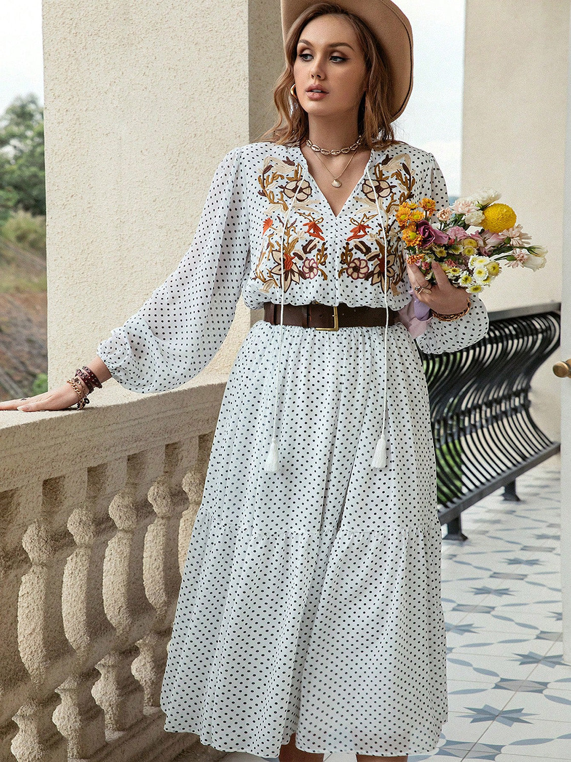 Plus Size Printed Tie Neck Long Sleeve Midi Dress - Classique Collection