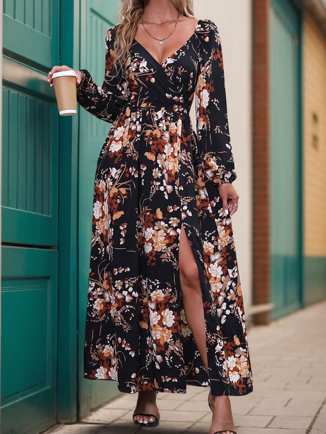 Perfee Slit Printed Surplice Long Sleeve Maxi Dress - Classique Collection
