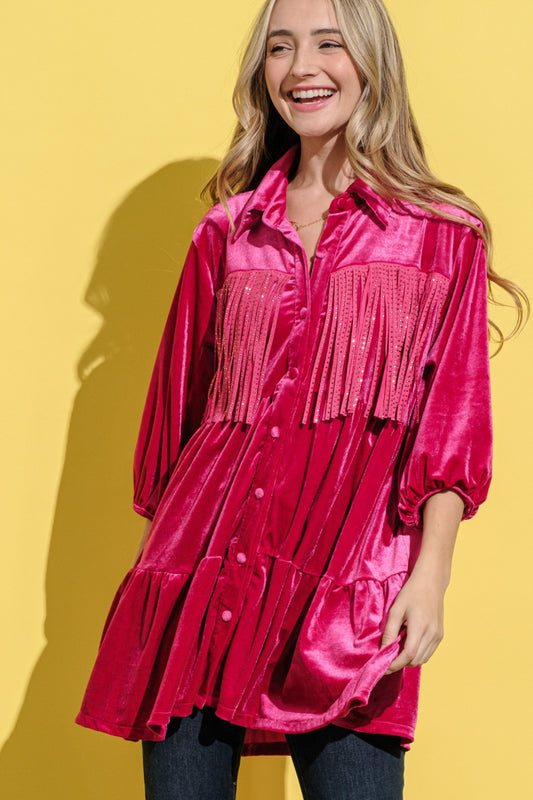 And The Why Fringe Detailed Velvet Shirt Dress - Classique Collection