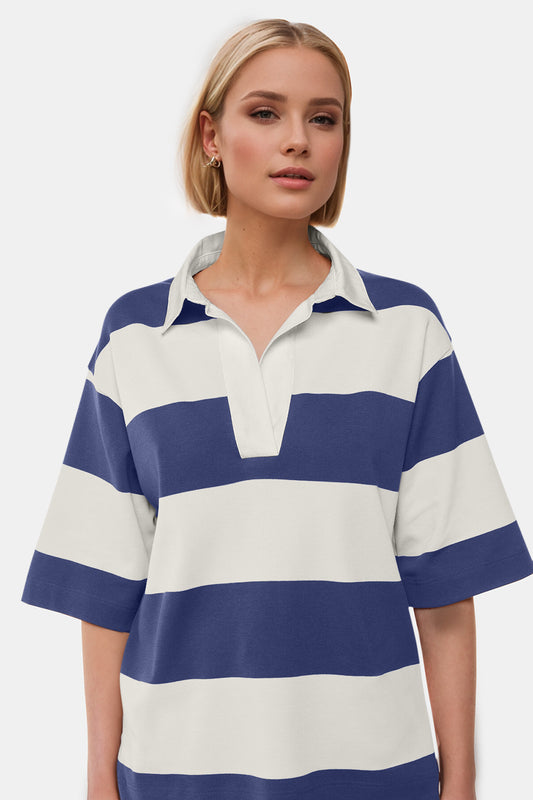 Oh Pima Cotton Wash Color Block Johnny Collar Half Sleeve Top - Classique Collection