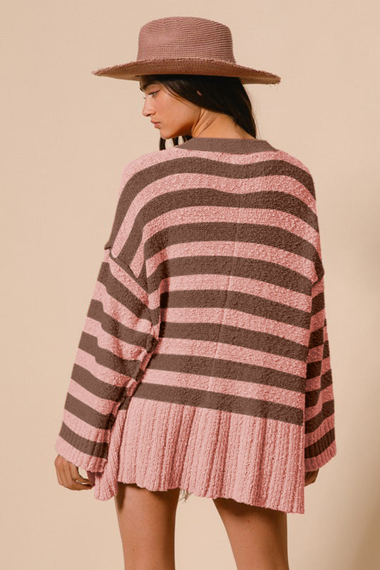 BiBi Slit Striped V-Neck Button Up Cardigan - Classique Collection