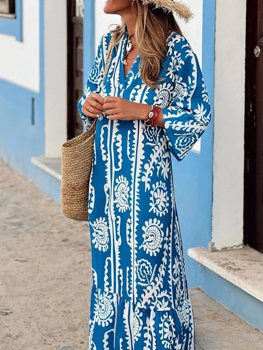 Printed Notched Half Sleeve Maxi Dress - Classique Collection