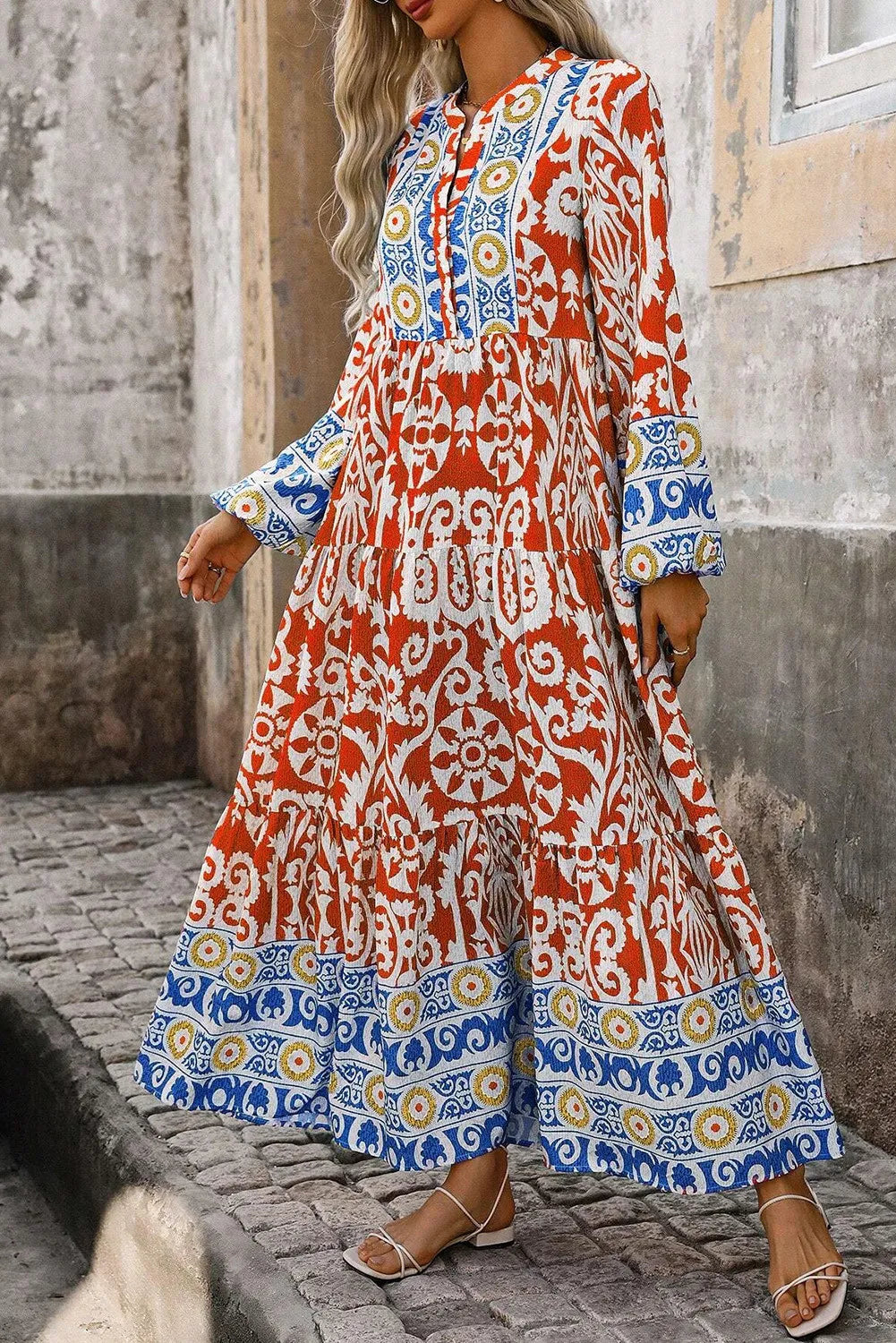 Printed Notched Long Sleeve Maxi Dress - Classique Collection