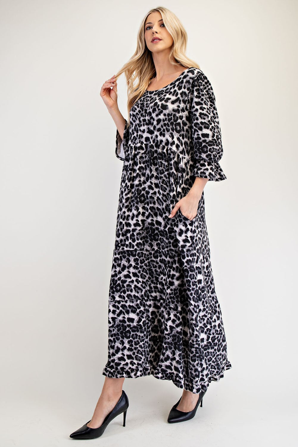 Celeste Full Size Leopard Round Neck Flounce Sleeve Dress - Classique Collection