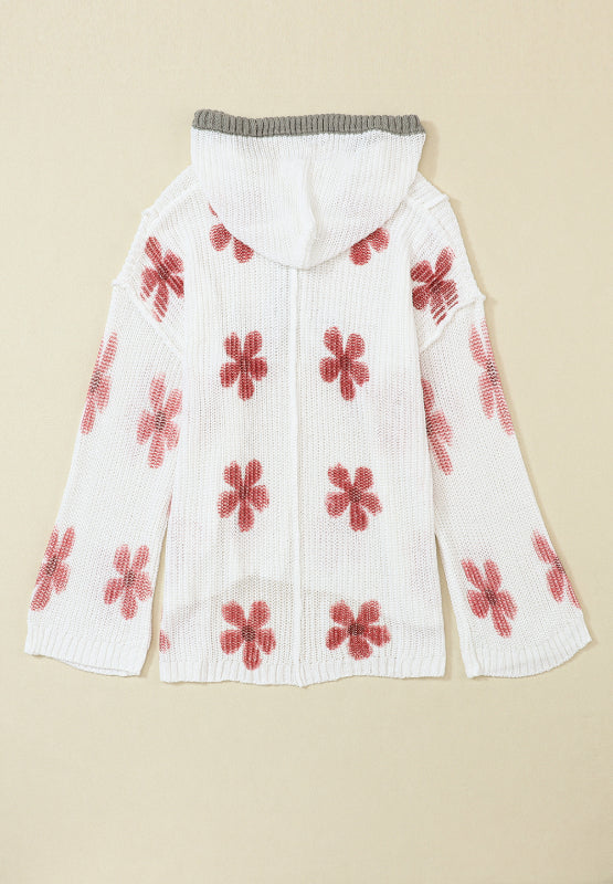 Drawstring Flower Hooded Knit Top - ClassiQ