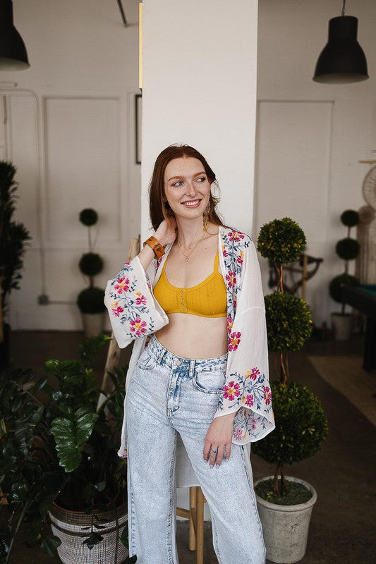 Pink Anemone Garland Embroidered Kimono - Classique Collection